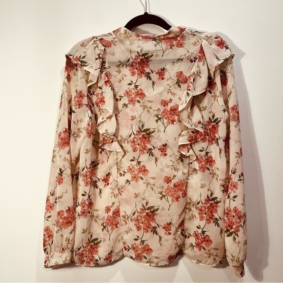 OAK + FORT Floral Sheer Ruffle Balloon Long Sleeve Pink Cream Blouse Bow Tie SM - Picture 6 of 8